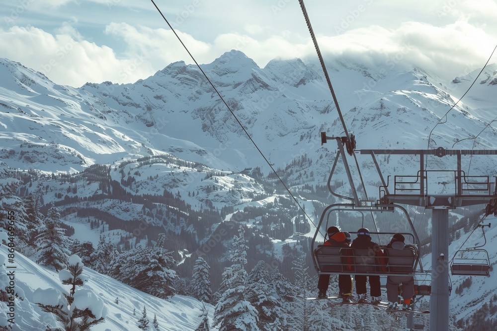 Fototapeta premium Immerse yourself in the excitement of a winter getaway at a mountain resort offering skiing and snowboarding. Relax in a charming chalet surrounded by snowcapped peaks and stunning vistas
