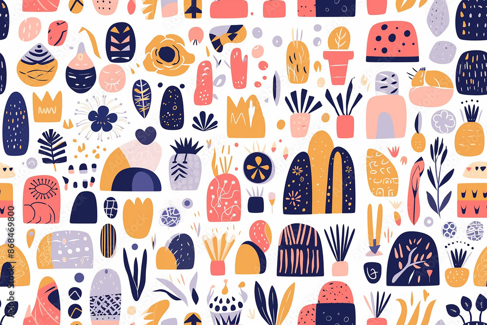 Whimsical seamless pattern featuring cute and colorful botanical elements, perfect for playful and decorative designs. Whimsical seamless pattern featuring cute and colorful botanical elements, perfect for playful and decorative designs.