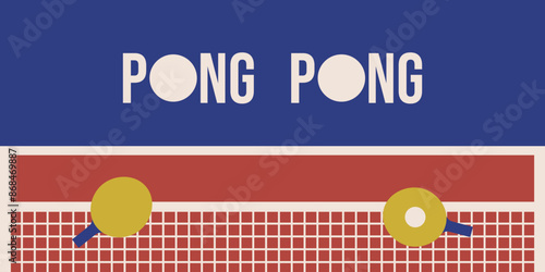 Simple Ping Pong horizontal banner with rubber rackets and geometrical table.  Abstract sport competition poster design. Boho Groovy style vector illustration can used web background. EPS 10