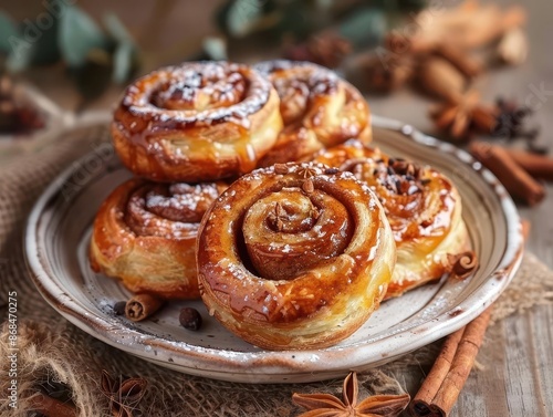 mouthwatering cinnamon buns golden swirled pastries glisten with sweet glaze arranged on rustic ceramic plate aromatic spices wafting through air