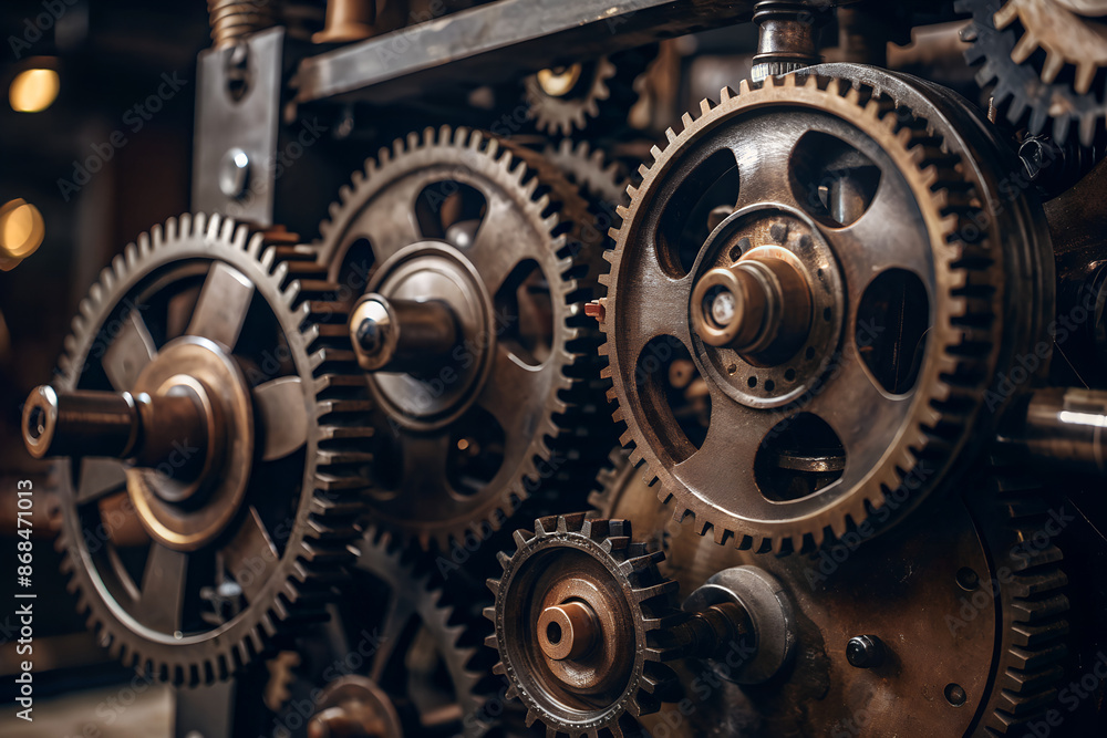 Detail view of interlocking metal gears in an industrial machine Detail view of interlocking metal gears in an industrial machine