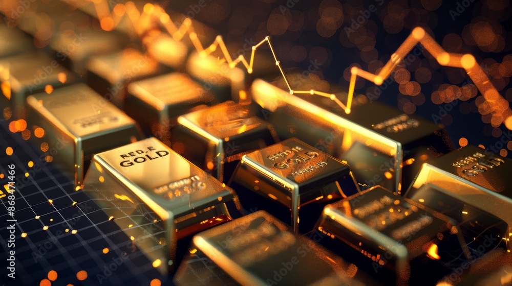 A digital illustration of gold bars and an ascending gold line graph on a dark background A digital illustration of gold bars and an ascending gold line graph on a dark background