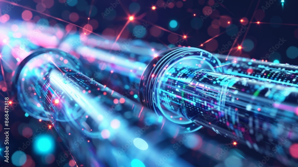 Digital data stream flowing through a network cable with light trails Digital data stream flowing through a network cable with light trails