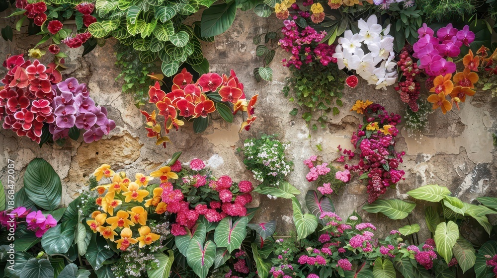 floral tapestry lush vertical garden with cascading blooms in vibrant hues arranged in intricate patterns against a weathered stone wall creating a living work of art floral tapestry lush vertical garden with cascading blooms in vibrant hues arranged in intricate patterns against a weathered stone wall creating a living work of art