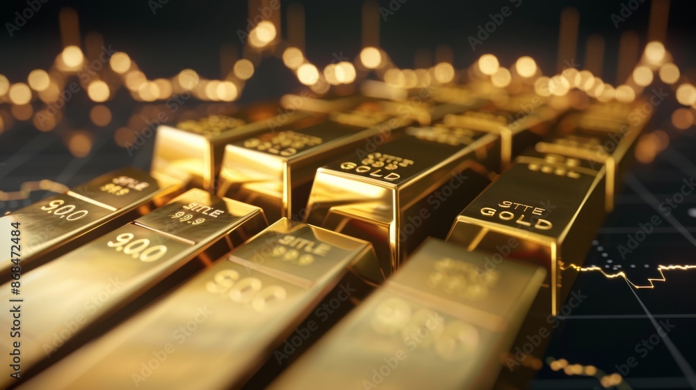 Gold bars and a gold line graph combined in a modern design Gold bars and a gold line graph combined in a modern design