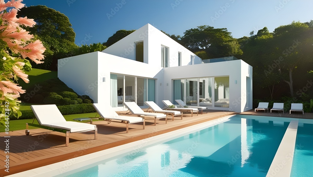 Fototapeta premium A sleek angular white modern house with clean lines.generative.ai 