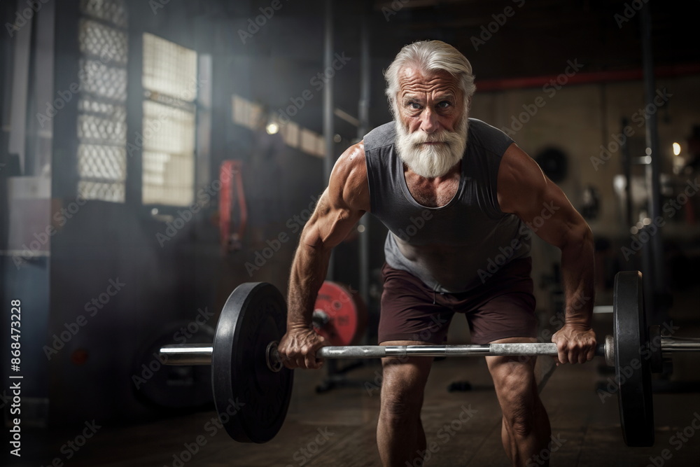 Senior staying active and pushing boundaries while lifting weights. Commitment to fitness is embodied senior male lifting barbell. Pursuit of health and resilience illustrating power of dedication. Senior staying active and pushing boundaries while lifting weights. Commitment to fitness is embodied senior male lifting barbell. Pursuit of health and resilience illustrating power of dedication.