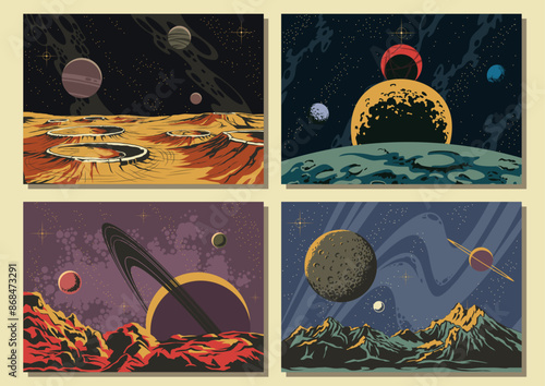 Planet Panoramas, Planetary Surfaces, Craters, Deep Space Backgrounds, Celestial Bodies, Universe Illustrations, Vector Templates for Cosmic Posters, Covers