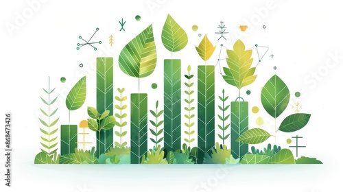 Sustainable investment charts with green leaves, symbolizing growth, illustration background