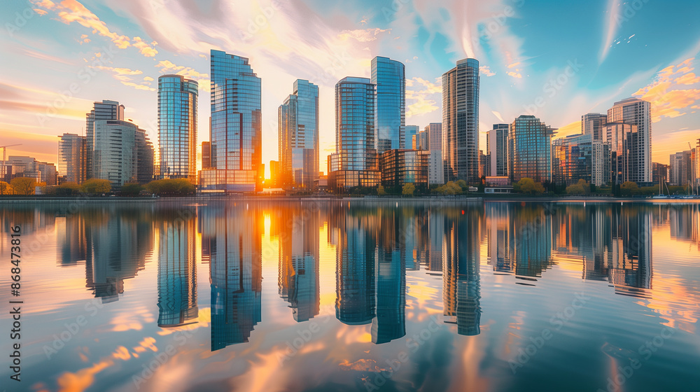 Fototapeta premium Sunrise over a modern city skyline reflected in calm water