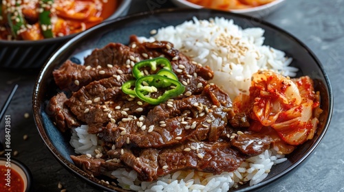 Korean bulgogi beef served with rice and kimchi