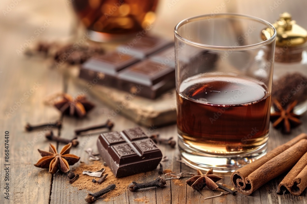 Chocolate tequila next to cinnamon, vanilla beans and anise on wooden table. Copy space for text. Dark background. Concept: menu for bar, alcoholic drinks, social media. Chocolate tequila next to cinnamon, vanilla beans and anise on wooden table. Copy space for text. Dark background. Concept: menu for bar, alcoholic drinks, social media.