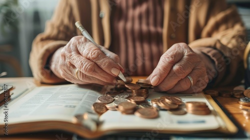 Elderly person counting coins and budgeting expenses at home
