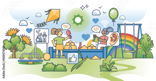 Inclusive playground for diverse kids with special needs outline concept. Children playtime area with physical or accessibility challenges vector illustration. Handicap or deaf child amusement park.