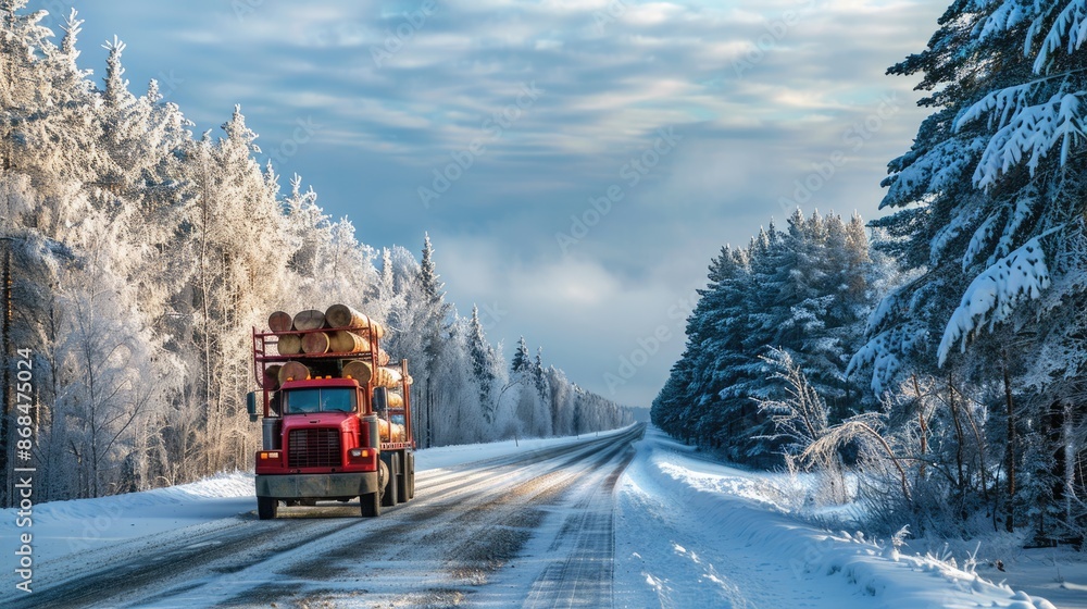 Winter Truck. Red Timber Lorry Transportation on Snowy Highway Winter Truck. Red Timber Lorry Transportation on Snowy Highway