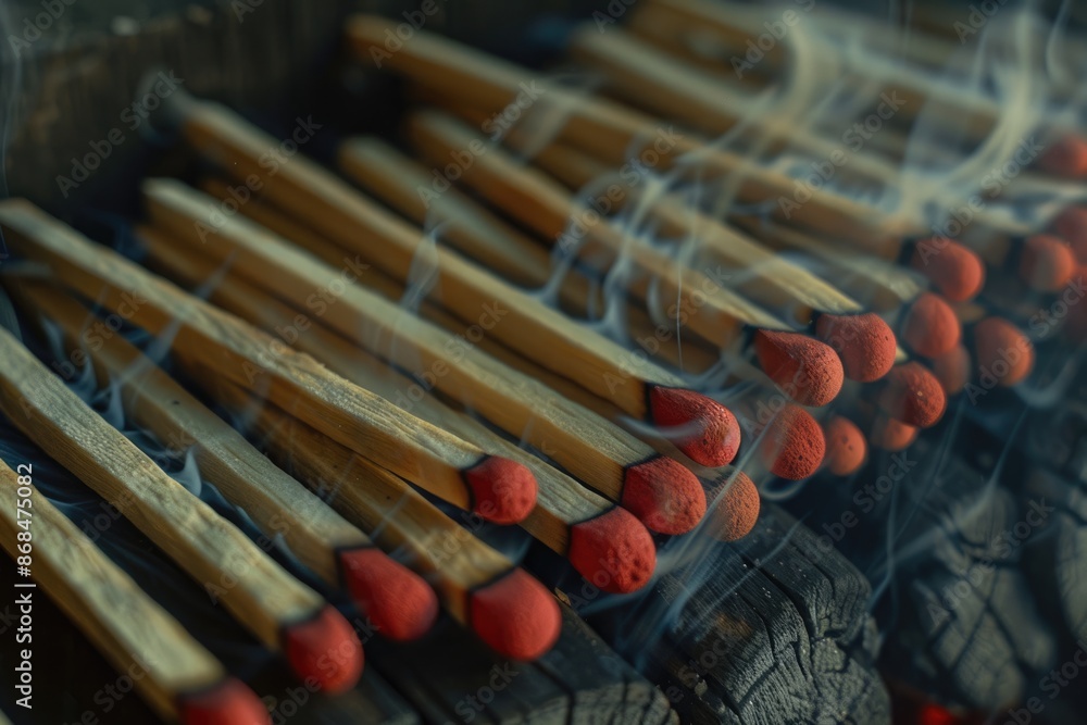 Wooden Matches Closeup. Red Sulfur Matchsticks Heap with Brimstone, Smoke Wooden Matches Closeup. Red Sulfur Matchsticks Heap with Brimstone, Smoke