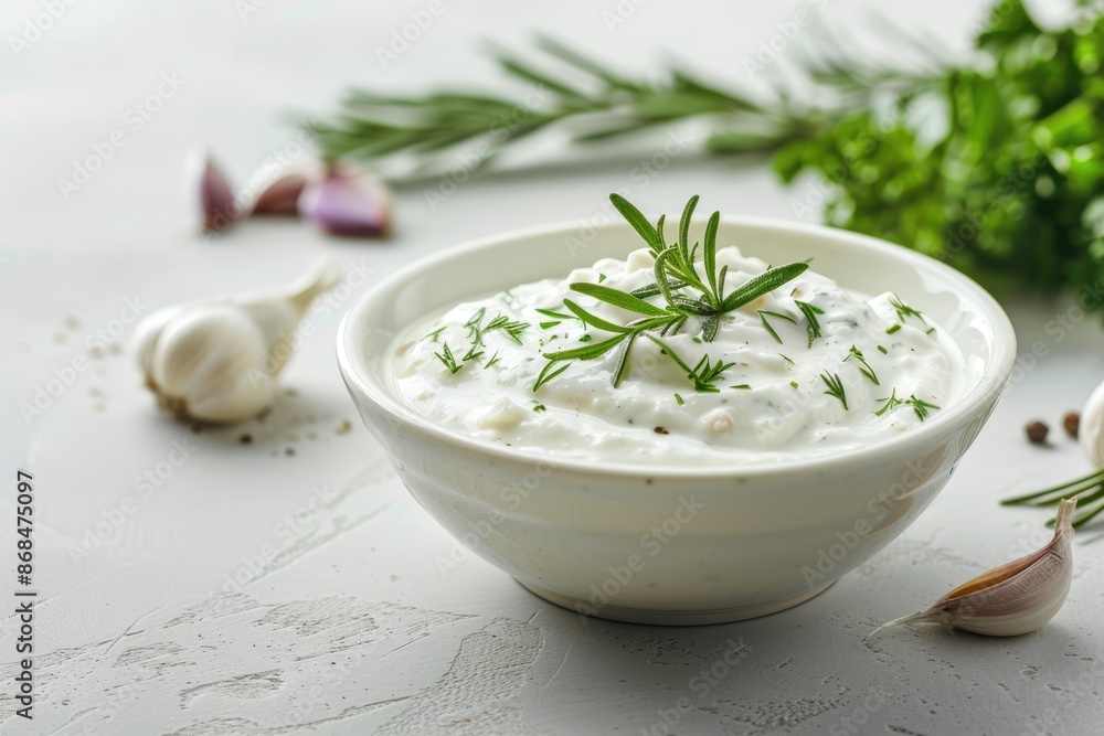 Yogurt Sauce. Homemade Healthy Creamy Dip with Herbs and Garlic on White Background Yogurt Sauce. Homemade Healthy Creamy Dip with Herbs and Garlic on White Background