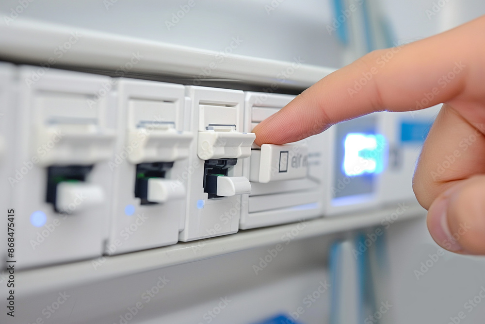 Close-up of fingers turning on the electric panel in white color with light gray, grey and blue color elements, close up shot, focus is finger touching switch inside modern electricity box Close-up of fingers turning on the electric panel in white color with light gray, grey and blue color elements, close up shot, focus is finger touching switch inside modern electricity box