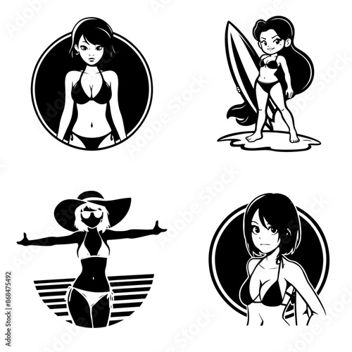 Girl on the beach in swimsuit. Set of black and white outline vector logos in anime style