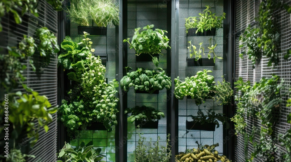 Fototapeta premium Screen wall featuring sliding panels of aromatic herbs encased in mesh, providing a functional culinary and privacy solution for kitchen gardens