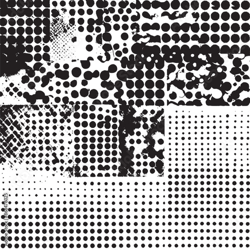 Halftone abstract textures, patterns with black dots, gradient grain grunge black and white