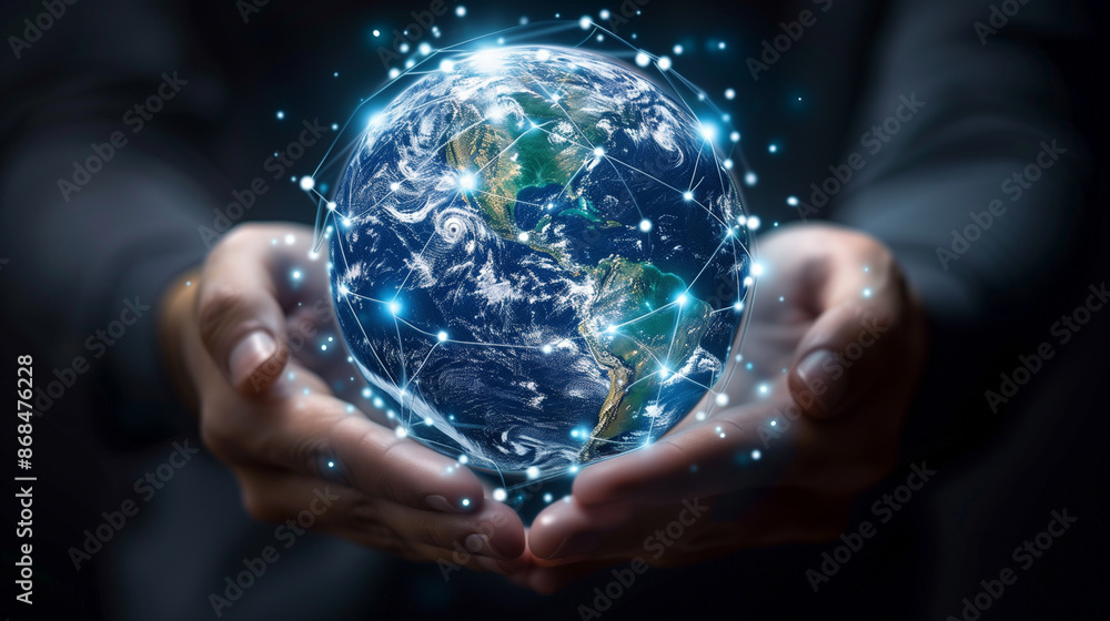 Hands Holding a Digital Globe with Network Connections Around Earth Hands Holding a Digital Globe with Network Connections Around Earth