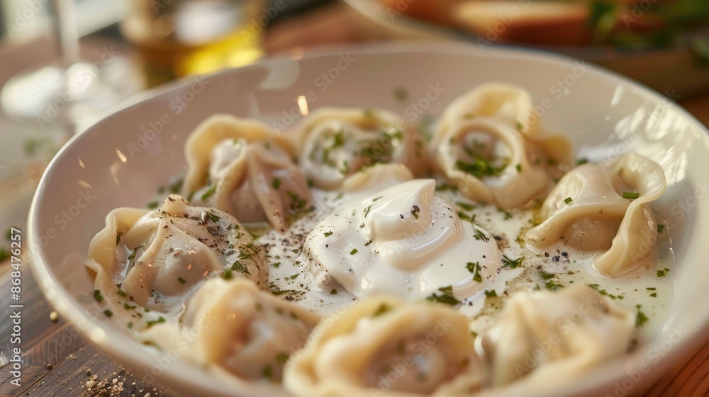 Russian pelmeni dumplings with sour cream