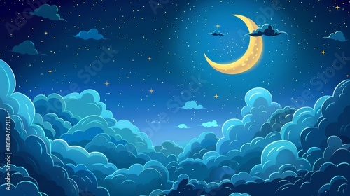 Illustration of night time with crescent moon on the clouds and stars