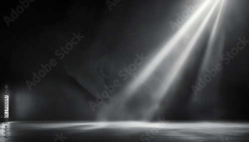 black concrete background, dark tone; light beam; smoke; abstraction