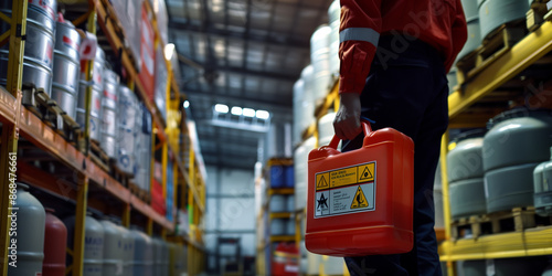 Safety chemical concept. Man holding gasoline standing in warehouse