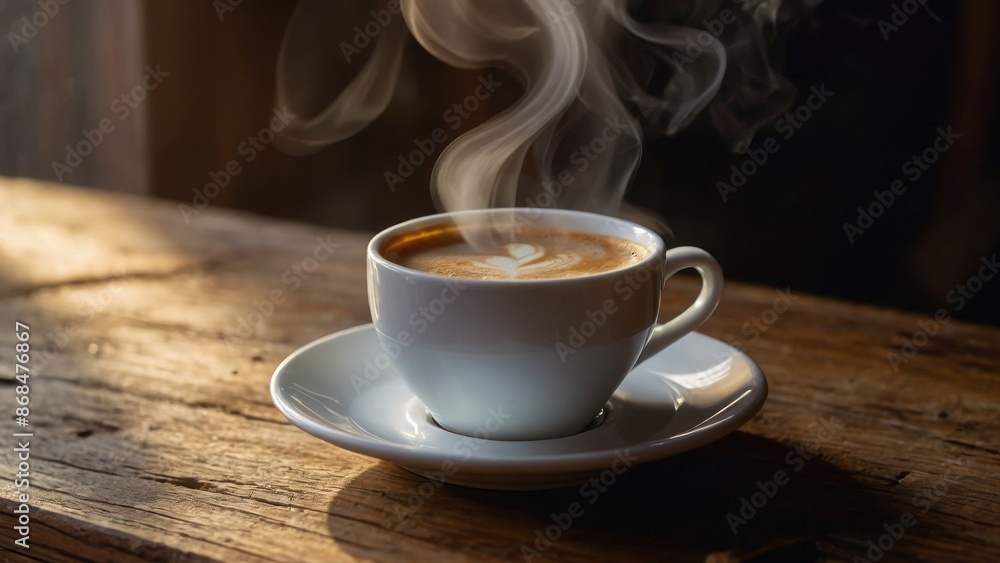 Steaming Cup of Coffee on Wooden Table in Sunlight Steaming Cup of Coffee on Wooden Table in Sunlight