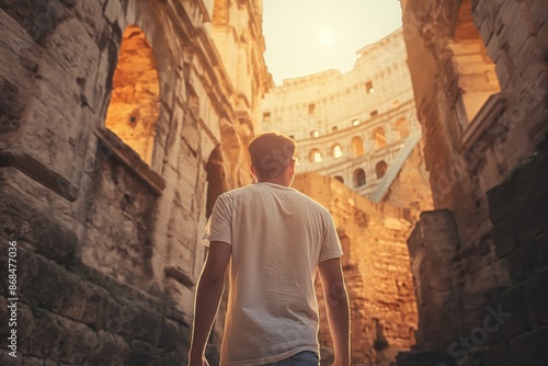 A tourist walking through some ancient ruins, looking at the historic site. The sun is shining and the scene is bright, and the people are smiling. Travel, tourism concept. © Mark G