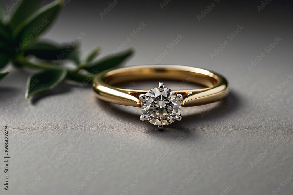 an elegant diamond engagement ring with a prominent solitaire, set on a slender gold band. The textured grey background adds a touch of sophistication an elegant diamond engagement ring with a prominent solitaire, set on a slender gold band. The textured grey background adds a touch of sophistication