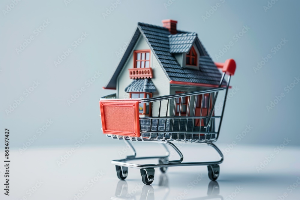 A conceptual image of a homebuyer placing a small house into a shopping cart, symbolizing real estate transactions and home purchasing decisions A conceptual image of a homebuyer placing a small house into a shopping cart, symbolizing real estate transactions and home purchasing decisions