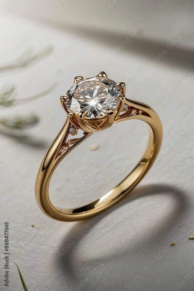 an elegant diamond engagement ring with a prominent solitaire, set on a slender gold band. The textured grey background adds a touch of sophistication an elegant diamond engagement ring with a prominent solitaire, set on a slender gold band. The textured grey background adds a touch of sophistication