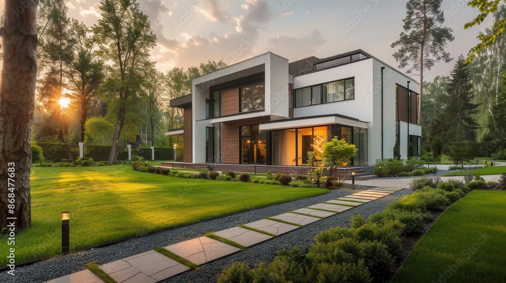 majestic modern mansion exterior lush green lawn elegant walkway architectural beauty golden hour lighting majestic modern mansion exterior lush green lawn elegant walkway architectural beauty golden hour lighting