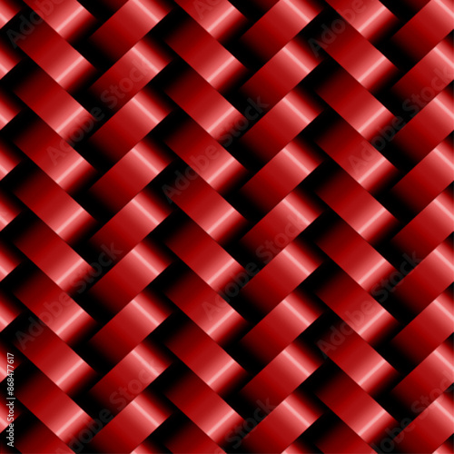 赤い立体模様のリピートパターン、艶のあるリボンのシンプルな模様、メタリックレッドのシームレスパターン