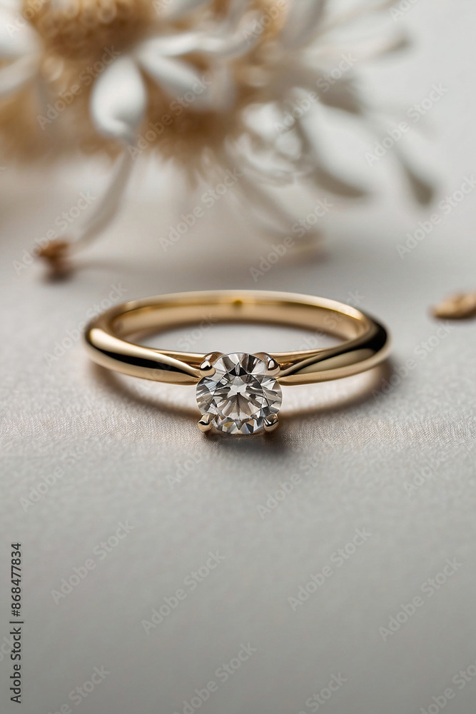 an elegant diamond engagement ring with a prominent solitaire, set on a slender gold band. The textured grey background adds a touch of sophistication an elegant diamond engagement ring with a prominent solitaire, set on a slender gold band. The textured grey background adds a touch of sophistication