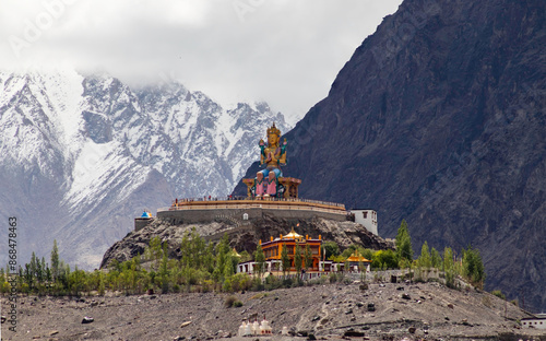 Canvas Print Lord buddha statue in Diskit Monastery form distance in the Himalayas in Ladakh,