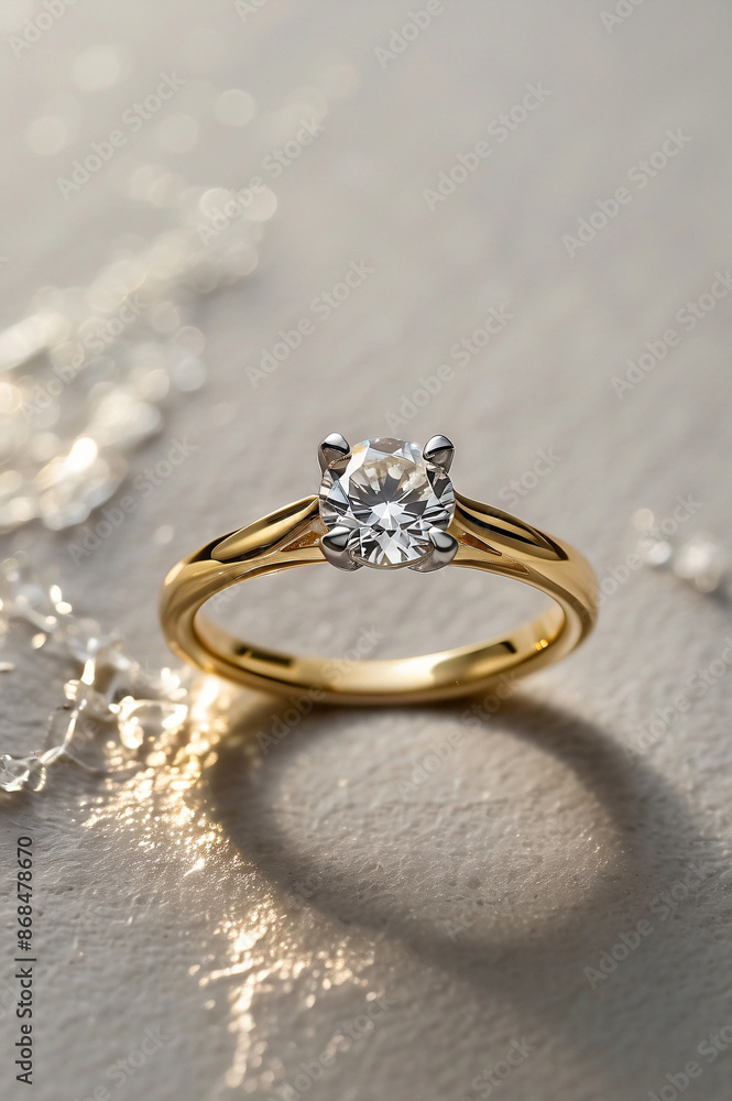an elegant diamond engagement ring with a prominent solitaire, set on a slender gold band. The textured grey background adds a touch of sophistication an elegant diamond engagement ring with a prominent solitaire, set on a slender gold band. The textured grey background adds a touch of sophistication