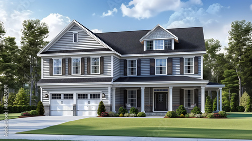  Front view of a charming single-family home with a manicured lawn