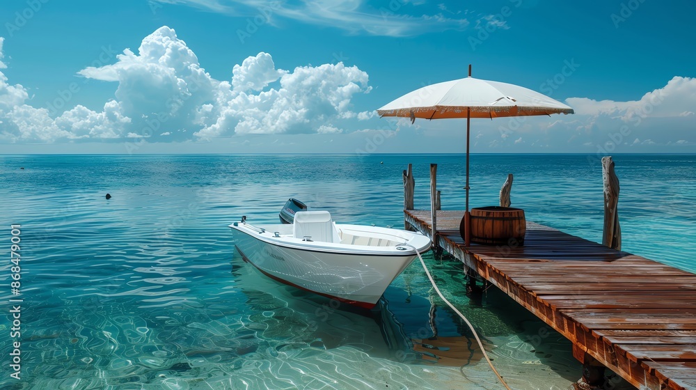 Naklejka premium Umbrella covering a boat and dock, symbolizing marine insurance coverage, nautical security