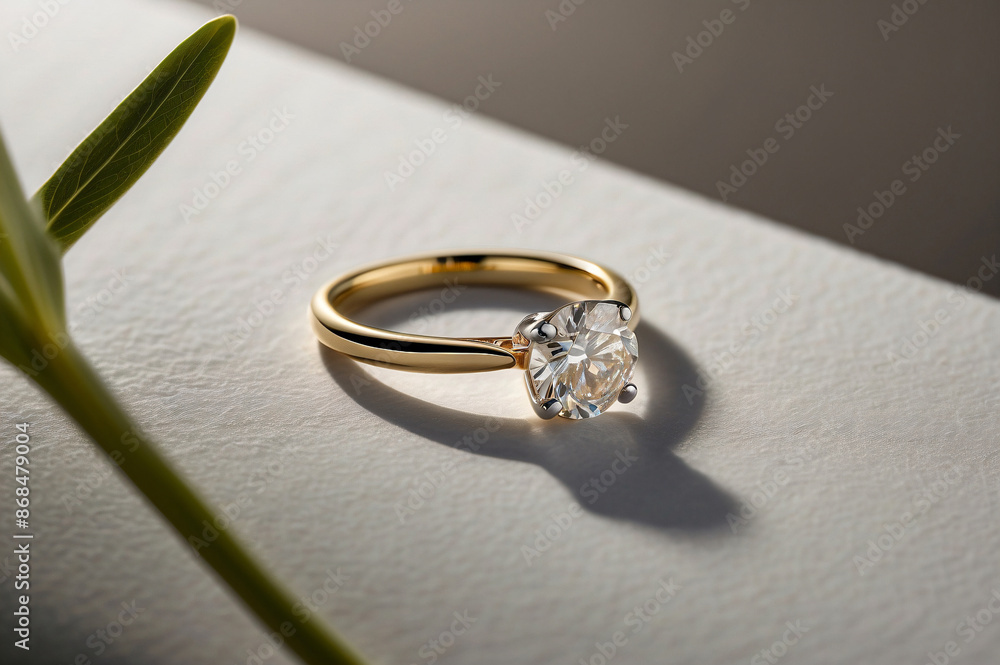 an elegant diamond engagement ring with a prominent solitaire, set on a slender gold band. The textured grey background adds a touch of sophistication an elegant diamond engagement ring with a prominent solitaire, set on a slender gold band. The textured grey background adds a touch of sophistication