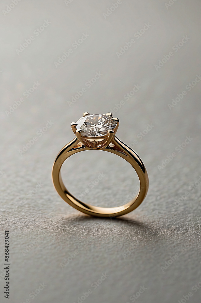 an elegant diamond engagement ring with a prominent solitaire, set on a slender gold band. The textured grey background adds a touch of sophistication an elegant diamond engagement ring with a prominent solitaire, set on a slender gold band. The textured grey background adds a touch of sophistication
