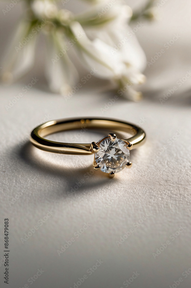 an elegant diamond engagement ring with a prominent solitaire, set on a slender gold band. The textured grey background adds a touch of sophistication an elegant diamond engagement ring with a prominent solitaire, set on a slender gold band. The textured grey background adds a touch of sophistication