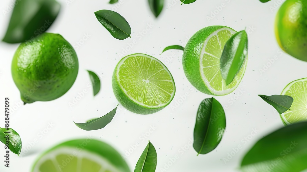 Graphic design poster art of limes with lime leaves laid out in mismatched patterns. Aerial photography style on a white background with soft-edged, rounded details Graphic design poster art of limes with lime leaves laid out in mismatched patterns. Aerial photography style on a white background with soft-edged, rounded details