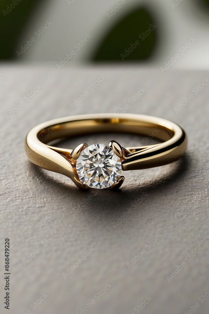 an elegant diamond engagement ring with a prominent solitaire, set on a slender gold band. The textured grey background adds a touch of sophistication an elegant diamond engagement ring with a prominent solitaire, set on a slender gold band. The textured grey background adds a touch of sophistication
