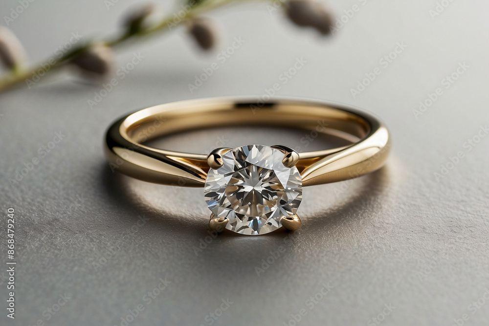 an elegant diamond engagement ring with a prominent solitaire, set on a slender gold band. The textured grey background adds a touch of sophistication an elegant diamond engagement ring with a prominent solitaire, set on a slender gold band. The textured grey background adds a touch of sophistication