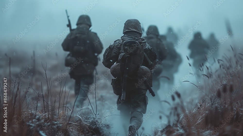 Silhouettes of unidentified soldiers walking with rifles in a war-torn landscape. Silhouettes of unidentified soldiers walking with rifles in a war-torn landscape.
