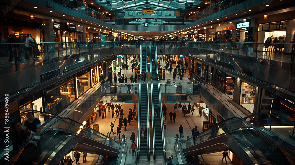 Elevated view of a modern shopping mall filled with shoppers and retail stores Elevated view of a modern shopping mall filled with shoppers and retail stores
